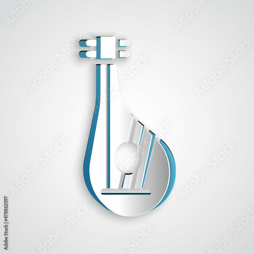 Paper cut Ukrainian traditional musical instrument bandura icon isolated on grey background. Paper art style. Vector