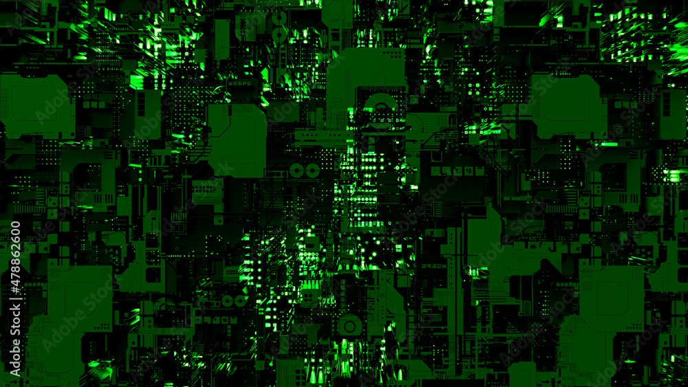 Green lighting futuristic cyber punk hi-tech backdrop - abstract 3D illustration