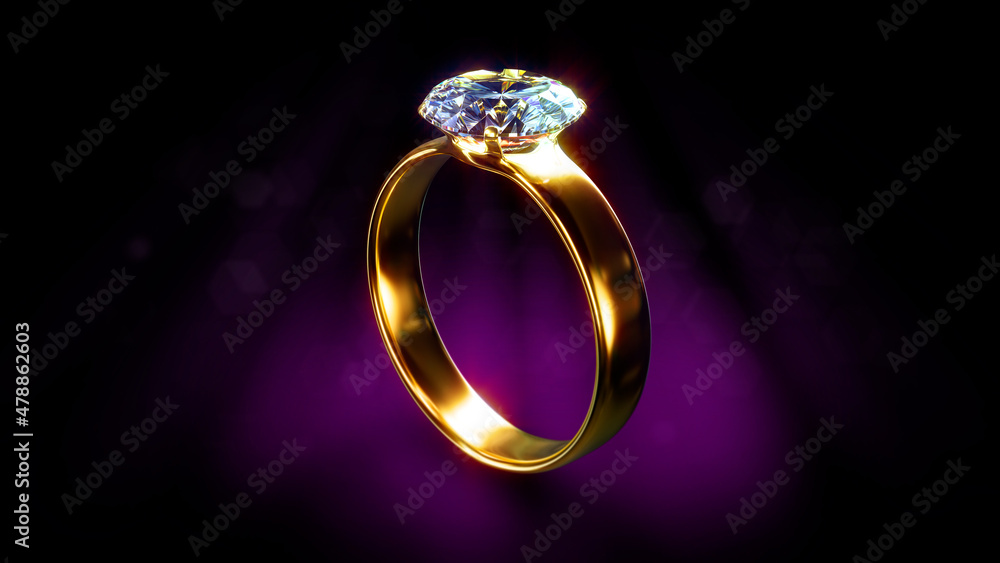gold wedding ring with gem on dark vivid bg - object 3D illustration gold wedding ring with gem on dark vivid bg - object 3D illustration