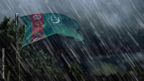 flag of Turkmenistan with rain and dark clouds, storm and tornado symbol - nature 3D rendering