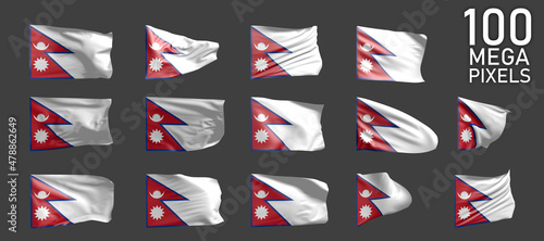 14 different pictures of Nepal flag isolated on grey background - 3D illustration of object