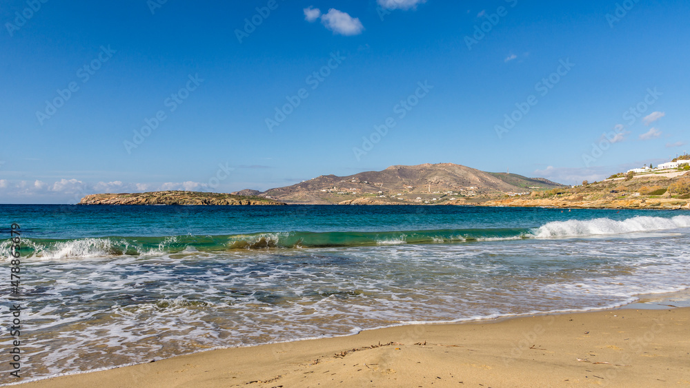 View of the sea from Komito beach in Syros island.