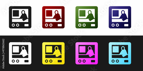 Set Television report icon isolated on black and white background. TV news. Vector