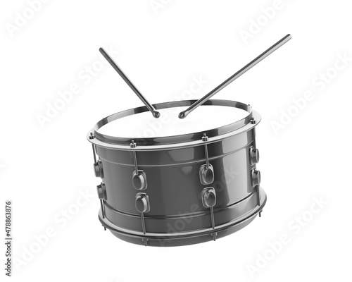 Black snare drum and drumsticks isolated on white background. 3d rendered
