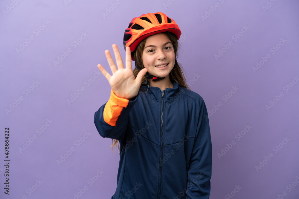 Little caucasian girl isolated on purple background counting five with fingers Little caucasian girl isolated on purple background counting five with fingers