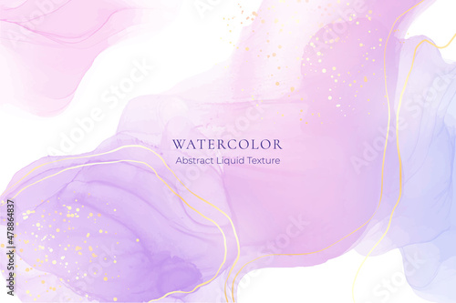 Fototapeta Violet lavender liquid watercolor marble background with golden lines