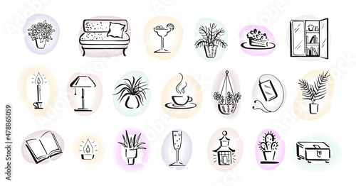 Home hygge, relax ambience with interior objects for leisure and indoor lifestyle. Collection of beautiful doodle objects on colour spot backgrounds