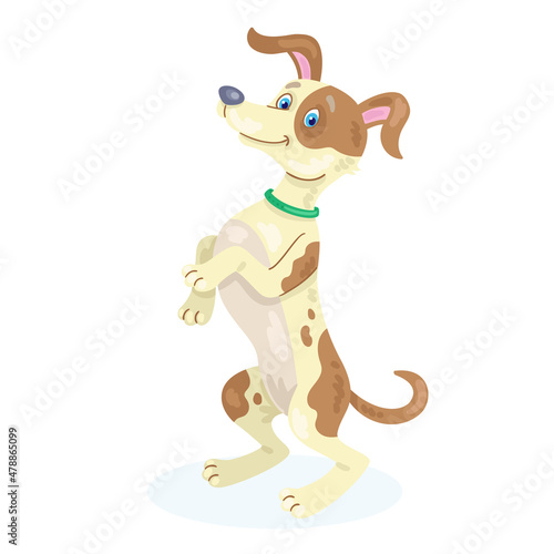 Funny dog stands on its hind legs. In cartoon style. Isolated on white background. Vector flat illustration.