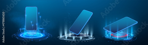 HUD, GUI futuristic portal, hologram. Abstract digital user interface technology. Smartphone hangs in the air. Realistic phone with blank screen. Smartphone perspective view with blank screen. Vector