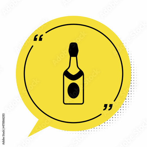 Black Champagne bottle icon isolated on white background. Yellow speech bubble symbol. Vector