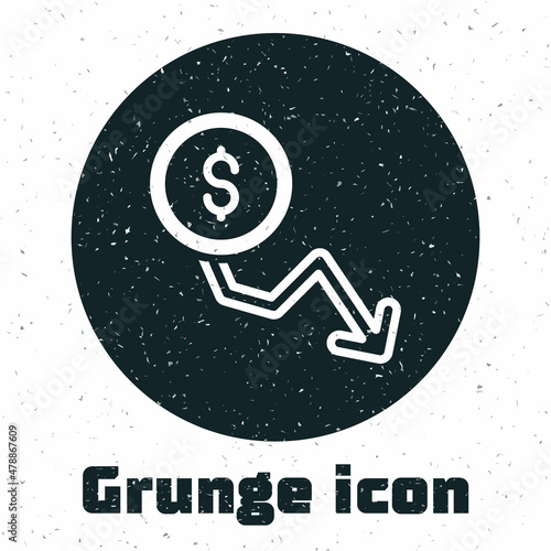 Grunge Dollar rate decrease icon isolated on white background. Cost reduction. Money symbol with down arrow. Business lost crisis decrease. Monochrome vintage drawing. Vector