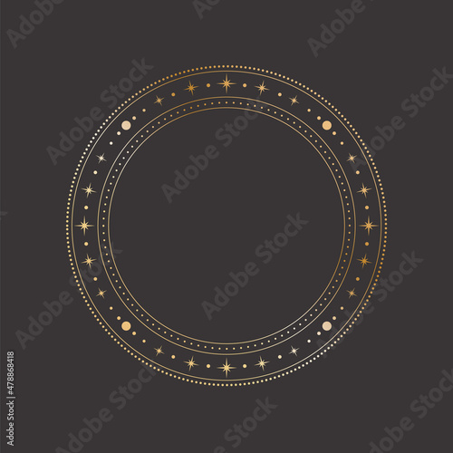 Vector mystical celestial round golden frame with stars, concentrical circles and copy space. Isolated ornate shiny magical linear border with a place for text