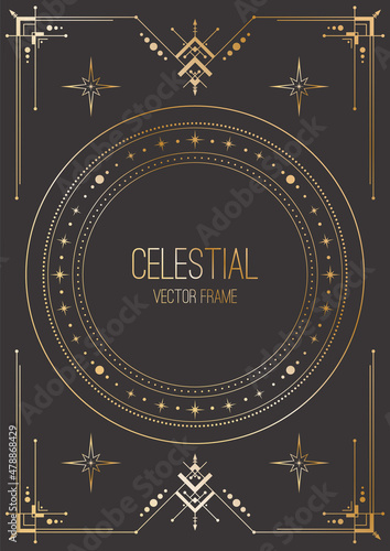 Vector celestial background with round copy space. Shiny golden elegant outline frame with stars, geometric ornate border with arrows and place for text on black. A4 linear template for card or cover