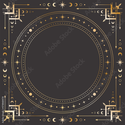 Vector mystical celestial square golden frame with stars, moon phases, crescents, concentrical circles, arrows and copy space. Ornate shiny magical linear geometric border with a place for text