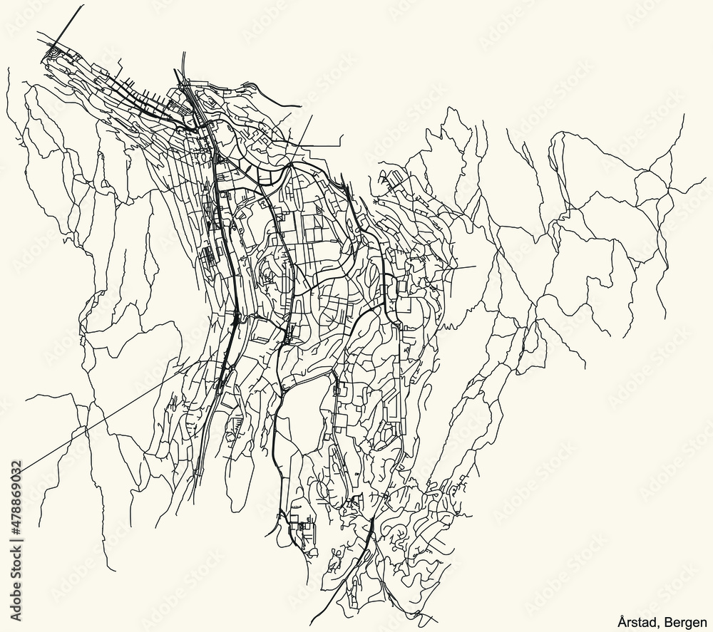 Fototapeta premium Detailed navigation black lines urban street roads map of the quarter ÅRSTAD BOROUGH of the Norwegian regional capital city of Bergen, Norway on vintage beige background