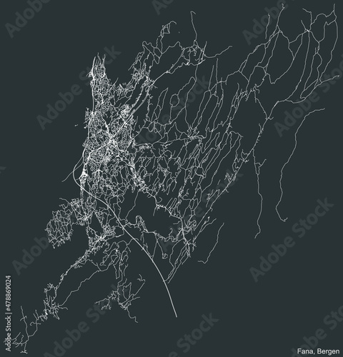 Detailed negative navigation white lines urban street roads map  of the quarter FANA BOROUGH  of the Norwegian regional capital city of Bergen, Norway on dark gray background photo