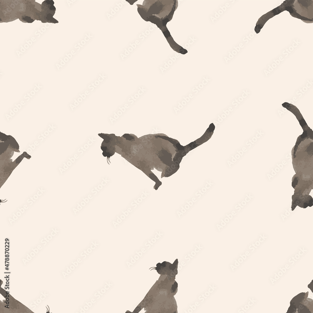 Fototapeta premium Seamless pattern from watercolor drawings of silhouettes sitting domestic siamese cats