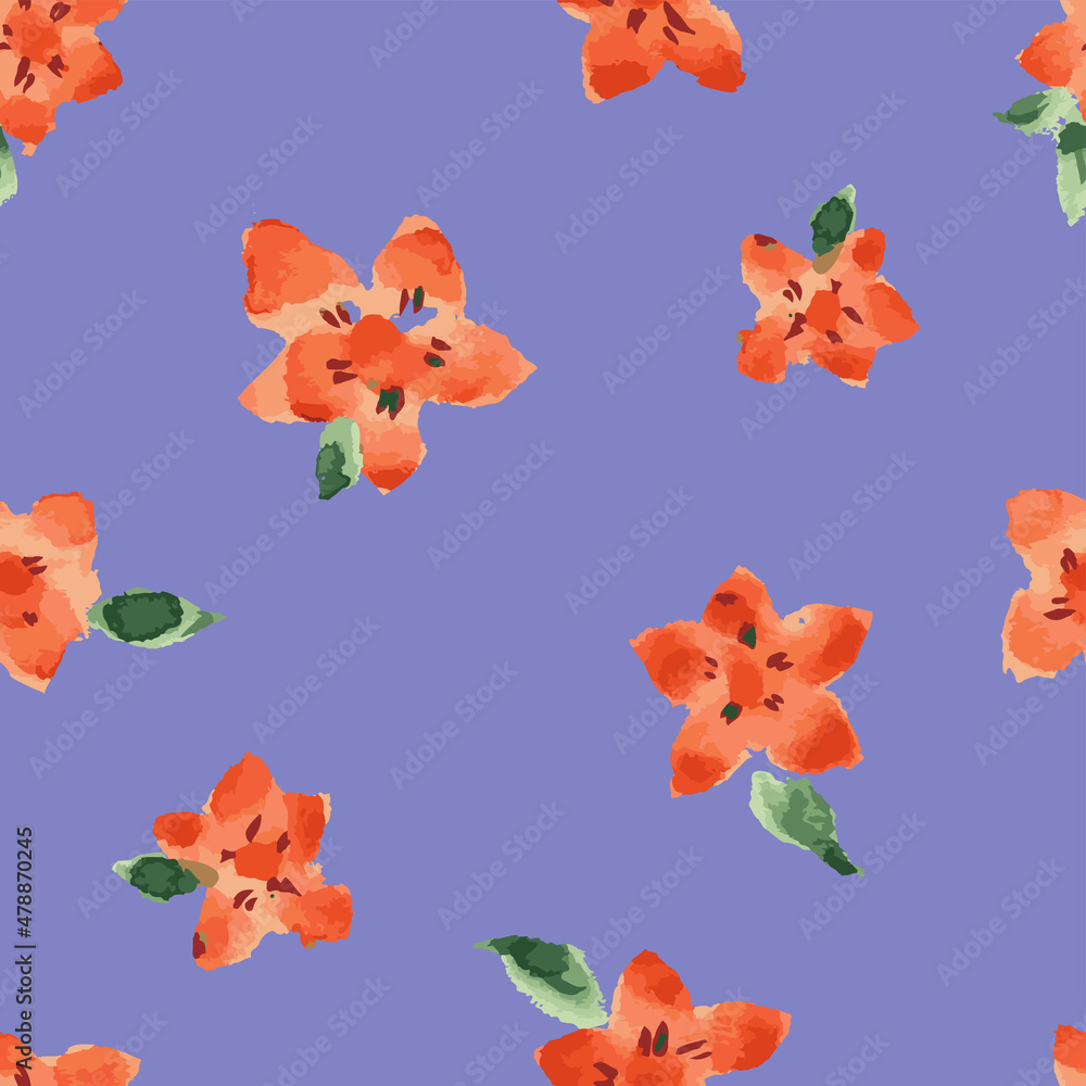 Seamless pattern from watercolor drawings of abstract red flowers with green leaves on lilac backdrop Seamless pattern from watercolor drawings of abstract red flowers with green leaves on lilac backdrop