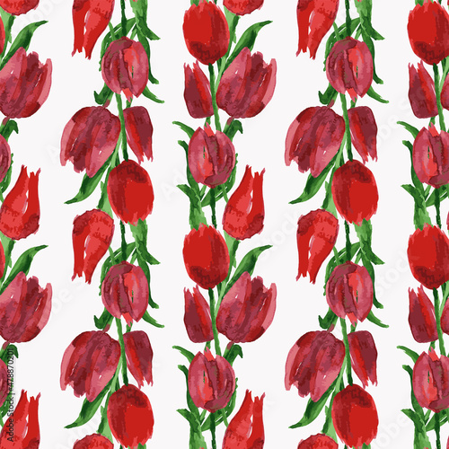 Seamless background from watercolor drawings of red tulips with green leaves in rows