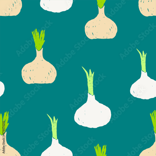 Seamless background of silhouettes drawn sprouted onion and garlic
