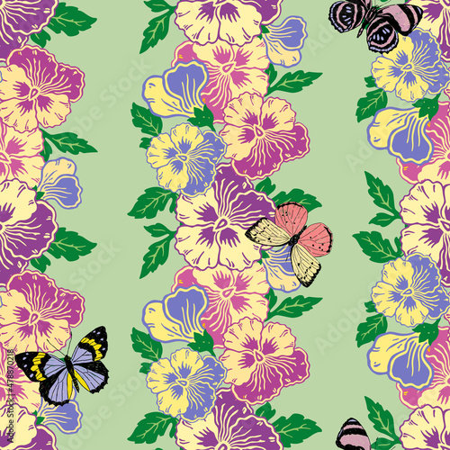 Seamless pattern from colorful pansy flower heads with butterflies