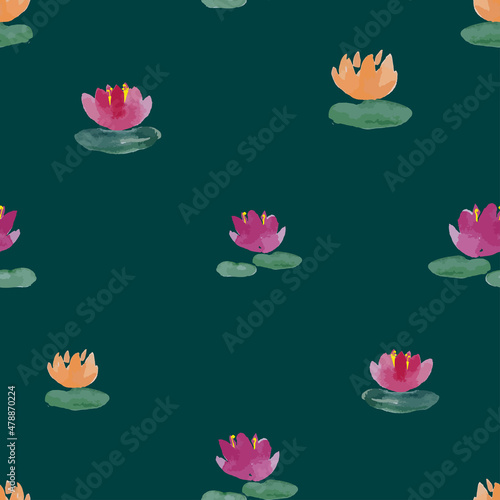 Seamless pattern from watercolor drawings of pink nad yellow water lilies