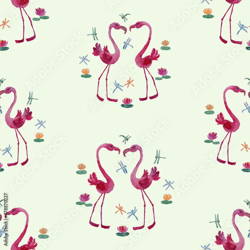 Seamless pattern from watercolor drawings of cartoon pink flamingos, flying dragonflies and water lilies