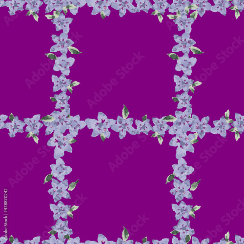 Seamless pattern of watercolor abstract lilac flowers in rows