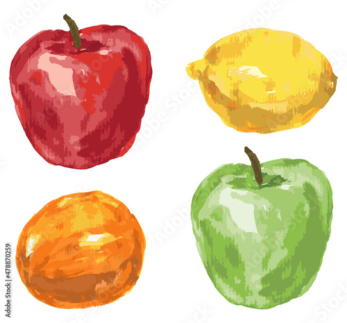 Watercolor vector drawing of ripe red and green apple lemon and tangerine