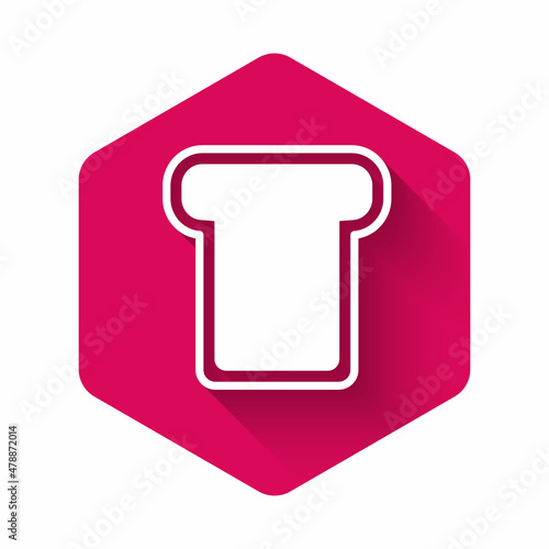 White Bread toast for sandwich piece of roasted crouton icon isolated with long shadow background. Lunch, dinner, breakfast snack. Pink hexagon button. Vector