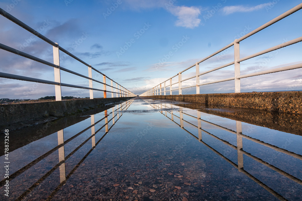 reflet des garde- corps dans une flaque d' eau sur un pont