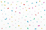 Colorful shiny confetti falling isolated on transparent background. Colorful party tinsel and confetti falling. Confetti vector for festival background. Carnival elements. Birthday celebration.