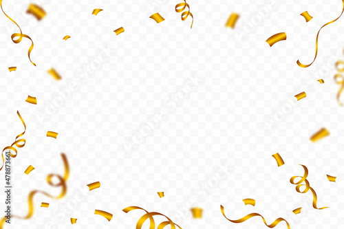 Golden confetti isolated on transparent background. Golden confetti frame vector background. Realistic golden ribbon and confetti explosion vector. Festival and Birthday party celebration element.