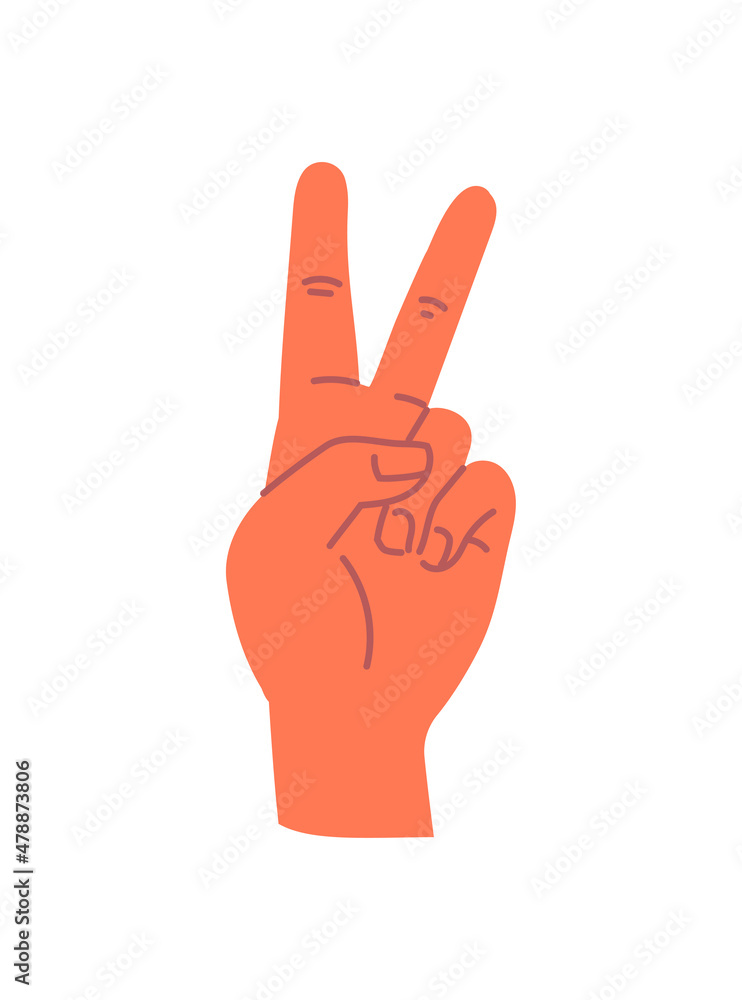 Hand shows gesture concept. Minimalistic sticker with palm, index and middle fingers raised up. Peace Sign. Design element for websites. Cartoon flat vector illustration isolated on white background Hand shows gesture concept. Minimalistic sticker with palm, index and middle fingers raised up. Peace Sign. Design element for websites. Cartoon flat vector illustration isolated on white background