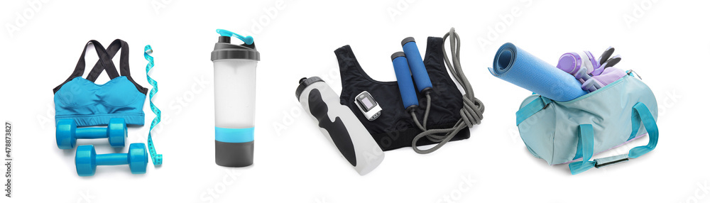 Collection of modern sport wear and equipment on white background
