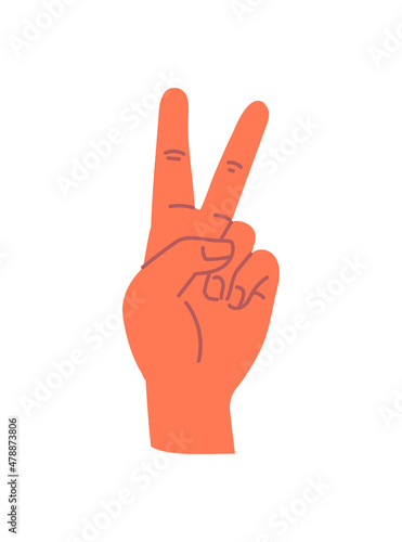 Hand shows gesture concept. Minimalistic sticker with palm, index and middle fingers raised up. Peace Sign. Design element for websites. Cartoon flat vector illustration isolated on white background