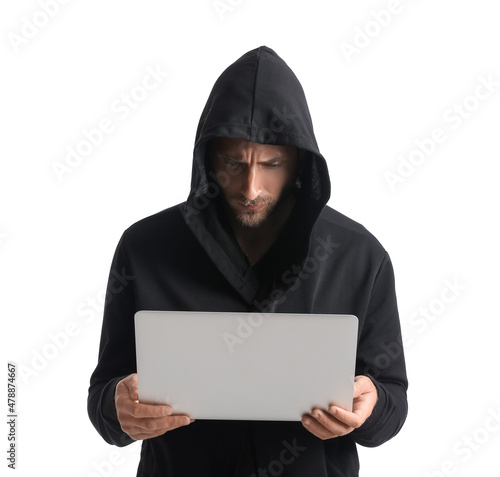 Hacker with laptop on white...