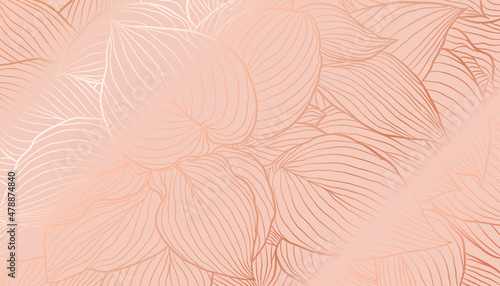 Digital vector illustration - golden foiled hosta leaves in hand drawn line art on calm coral background. Luxurious art deco wallpaper design for print, poster, cover, banner, fabric, invitation.