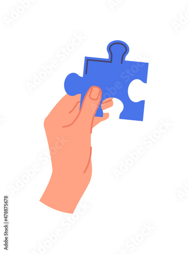 Hand with object concept. Colorful sticker with male or female palm holding piece of puzzle. Design element for printing on paper. Cartoon flat vector illustration isolated on white background