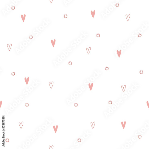 Vector seamless pattern with simple minimalistic outlines and pink hearts. Valentines day concept scandynavian style. Hearts shapes on white background for party decoration, wallpaper, wrapping ect. 