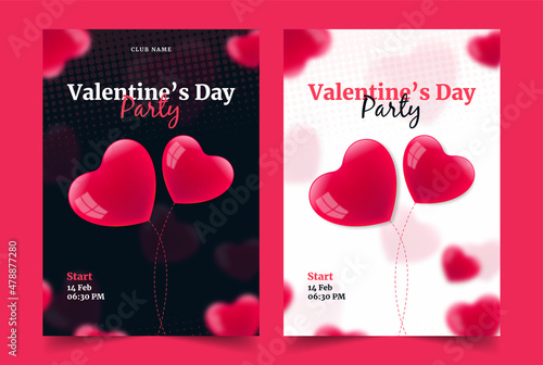 Set of Happy Valentine's Day Flyer With Red 3D Realistic Heart or Love Shapes. Vector Illustrations  