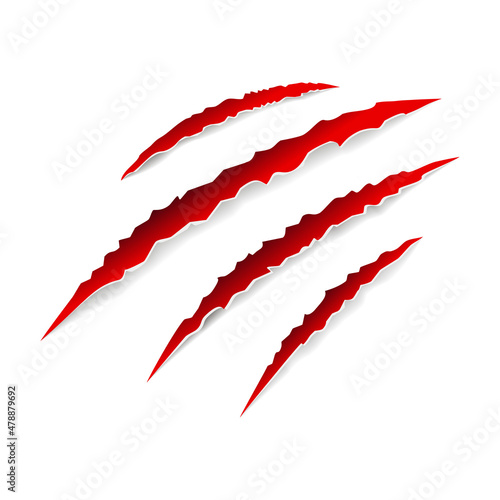 Red animal claw marks, scratches, talons cuts cat, tiger, dog, lion, monster isolated on white background. Vector realistic illustration. Design for animal print, banner, poster