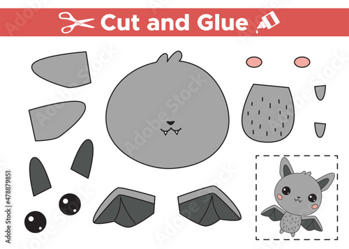 Cut and glue cute bat. Halloween educational paper game for kids. Cutout and gluing to create the image. Cartoon kawaii animal. Vector illustration.