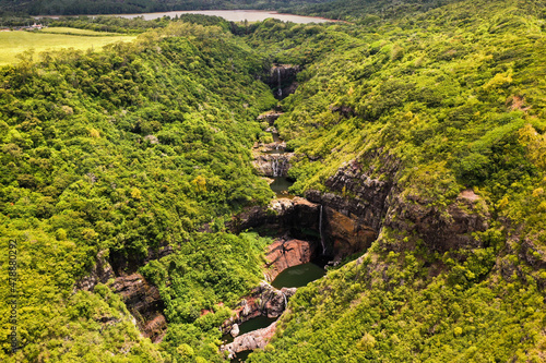 Aerial view from above of the Tamarin waterfall seven cascades in the tropical jungles of the island of Mauritius photo