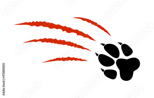 Animal paw print silhouette with red claw marks, scratches, talons cuts cat, tiger, dog, lion, monster isolated on white background. Vector flat illustration. Design for animal print, banner, poster