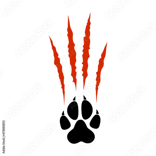 Animal paw print silhouette with red claw marks, scratches, talons cuts cat, tiger, dog, lion, monster isolated on white background. Vector flat illustration. Design for animal print, banner, poster