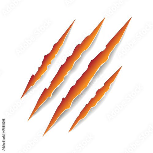 Orange color of animal claw marks, scratches, talons cuts cat, tiger, dog, lion, monster isolated on white background. Vector realistic illustration. Design for animal print, banner, poster