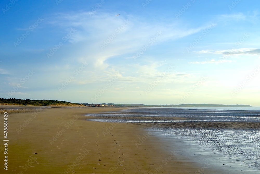 view towards Wissant and the Cap Gris-Nez from the beach at low tide in the evening, Opal Coast, Pas-de-Calais, Hauts-de-France, France view towards Wissant and the Cap Gris-Nez from the beach at low tide in the evening, Opal Coast, Pas-de-Calais, Hauts-de-France, France