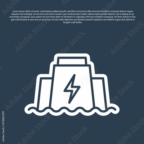 Blue line Hydroelectric dam icon isolated on blue background. Water energy plant. Hydropower. Hydroelectricity. Vector