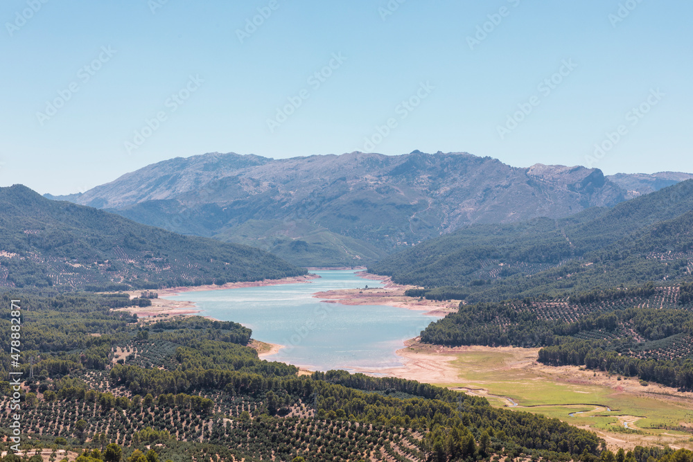 Panoramic view of the Tranco swamp in the Sierra de segura in Jaen, Andalusia, Spain.